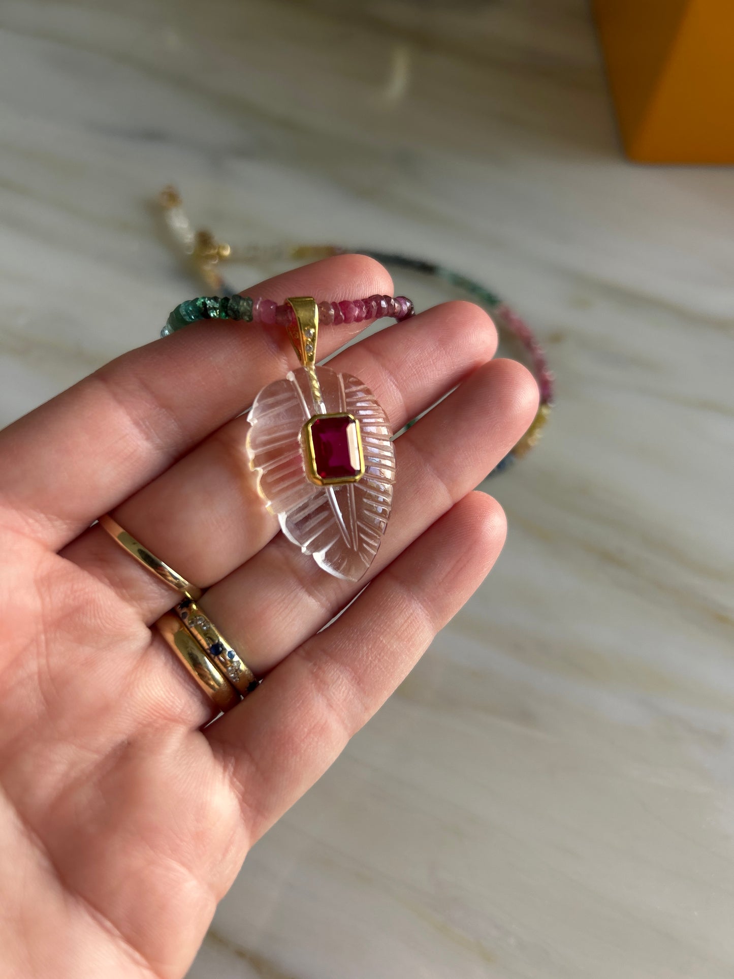 Leaf pendant with sapphire necklace