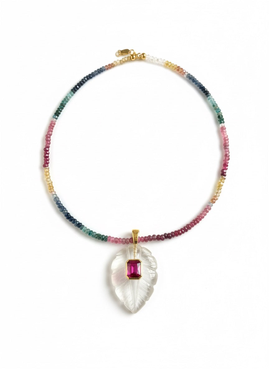 Leaf pendant with sapphire necklace