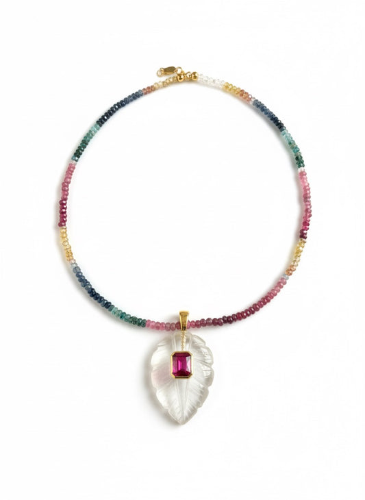 Leaf pendant with sapphire necklace